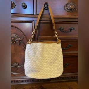 Michael Kors medium sized shoulder bag purse white and tan leather logo
